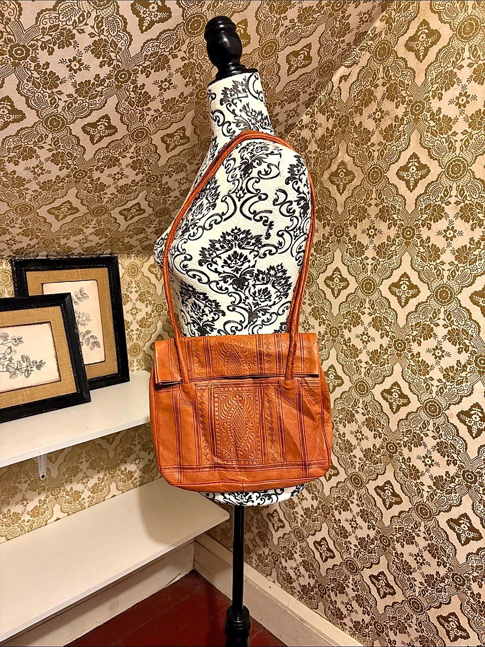 Brown Leather Tooled Tote Bag Boho Shoulder Purse Long Straps